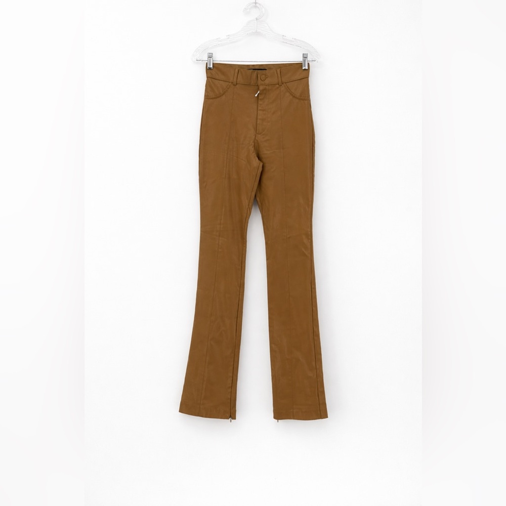 Zara Camel High-Waisted Faux Leather Flare Pants Chic Retro Wide Leg Trousers-XS - Picture 2 of 14